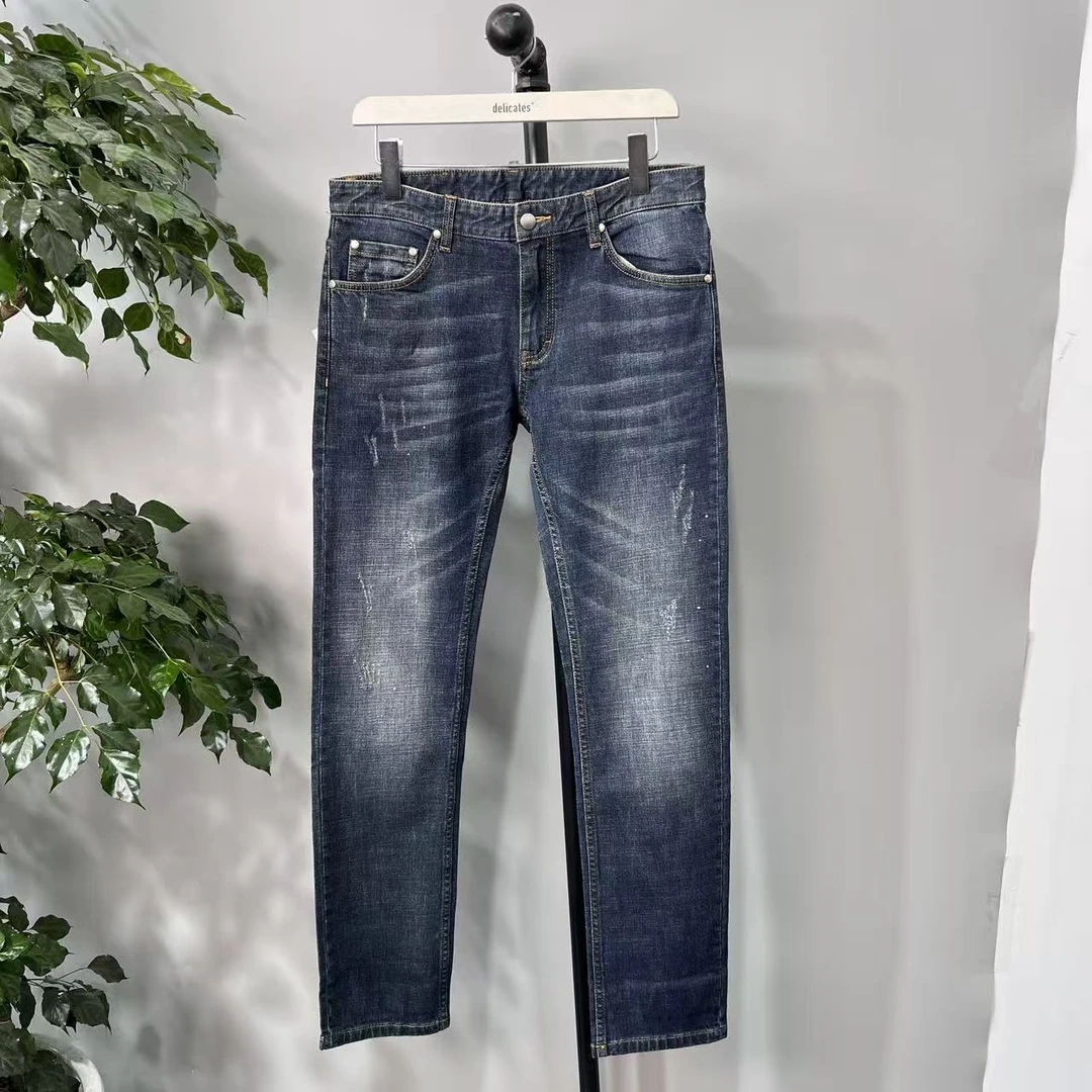 J-7 海港城奢牌春秋男款蓝色百搭水洗磨破直筒牛仔裤 E2017 H2