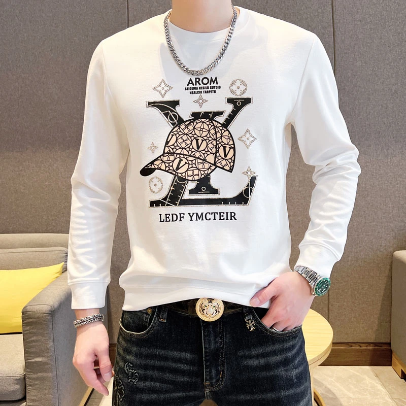 法帝卡尔克高端男士潮流烫钻字母卫衣帽子印花上衣休闲T恤打底衫