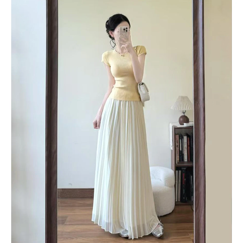 盐系时尚减龄网红炸街可盐可甜黄色短袖针织上衣女半身裙两件套装