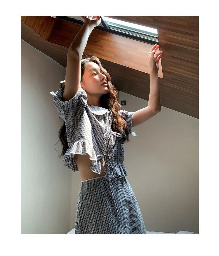 法式蕾丝小个子拼接两件套格子套装S5156