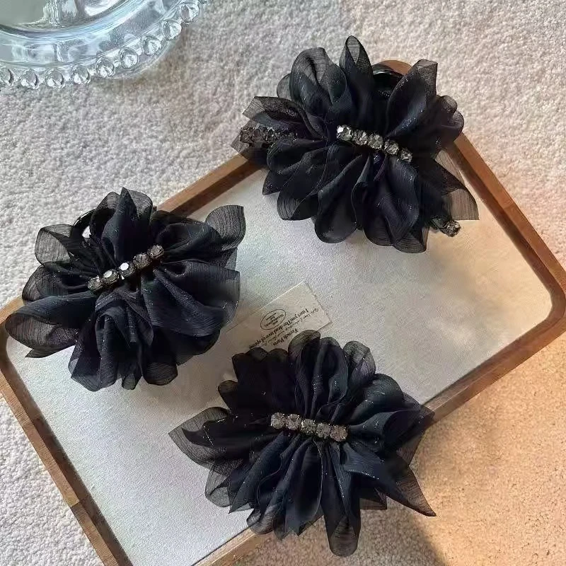 气质水钻香蕉夹韩国头饰马尾夹黑色网纱褶皱蝴蝶结抓夹后脑勺夹子