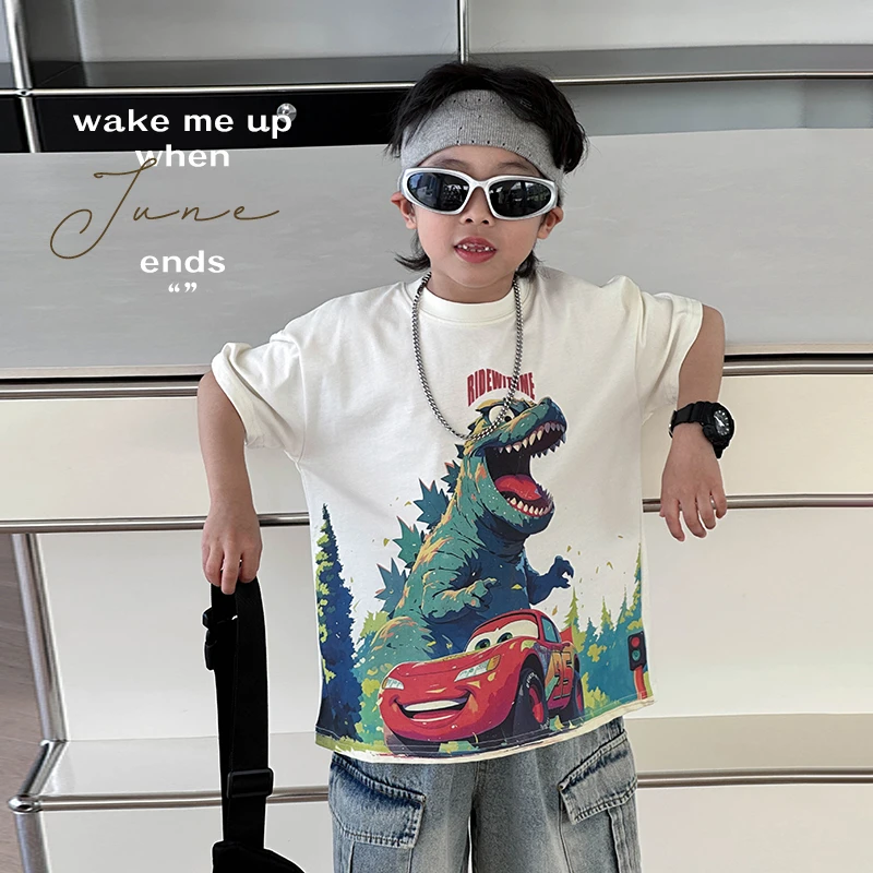 小小郑童装男宝宝夏装2025新款韩版时尚休闲卡通哥斯拉男童短袖T