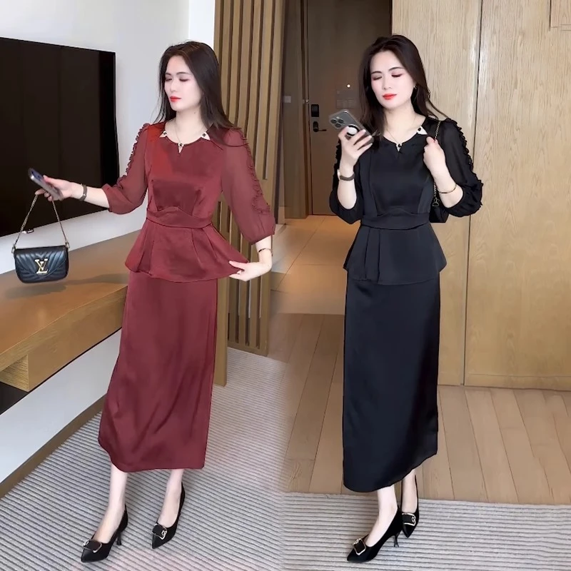 显瘦连衣裙2025红色新款洋气质减龄夏款漂亮女装长款两件套装裙子