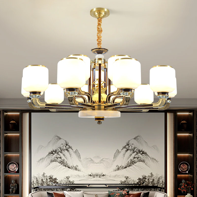 新中式客厅吊灯别墅复式楼全铜实木餐厅灯中国风高端新款大厅灯具