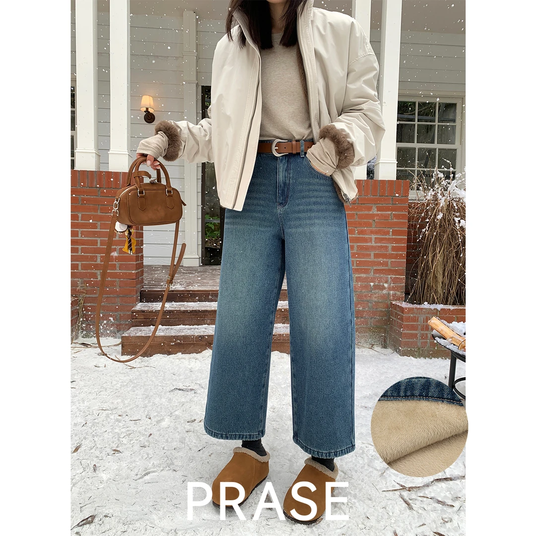 PRASE·噜【丹宁浪潮】气质显瘦九分加绒复古直筒牛仔裤PR511S05