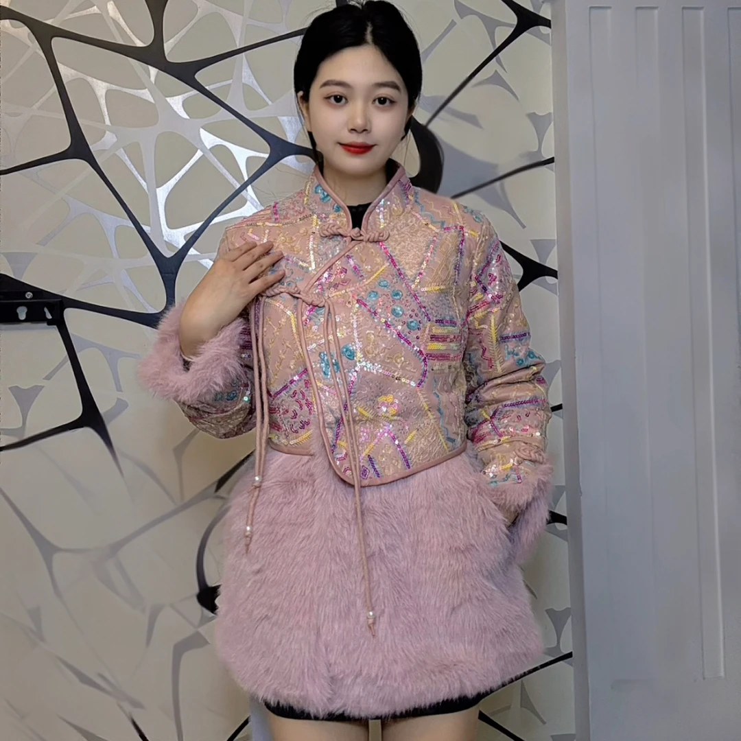 韩派鑫【国风】新中式国风盘扣亮片拼接毛毛外套