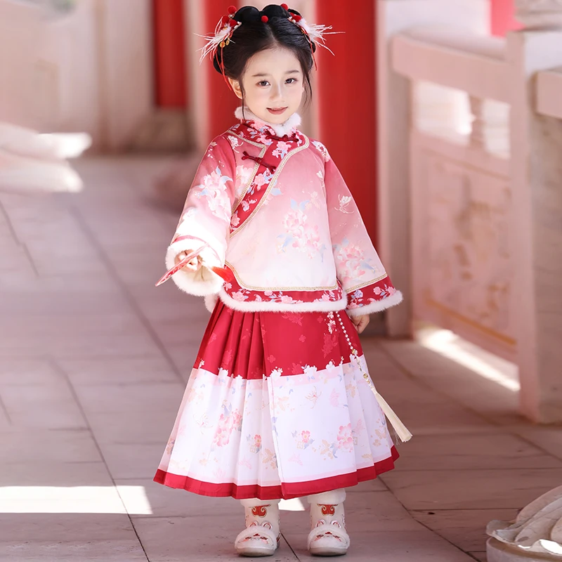 女童冬款加厚汉服裙子套装儿童时尚新款民族风女宝宝加绒保暖唐装