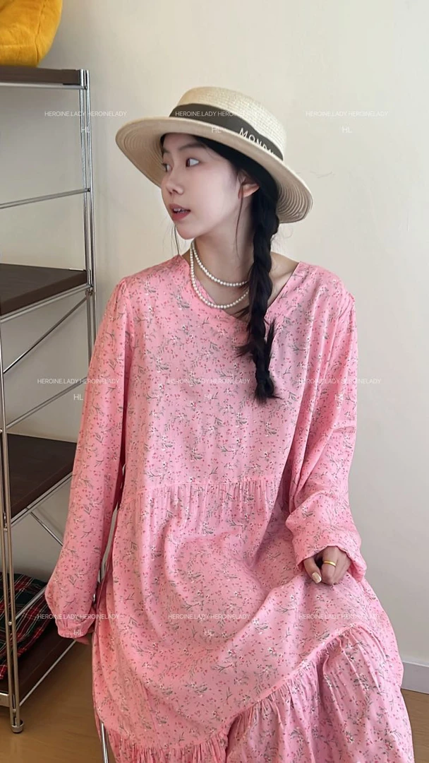 【清茉】HL棉绸春夏长袖浪漫宽松显瘦百搭时尚休闲V领长款连衣裙