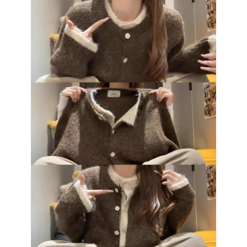 美拉德咖色假两件针织开衫女秋冬软糯奶fufu毛衣外套宽松慵懒上衣