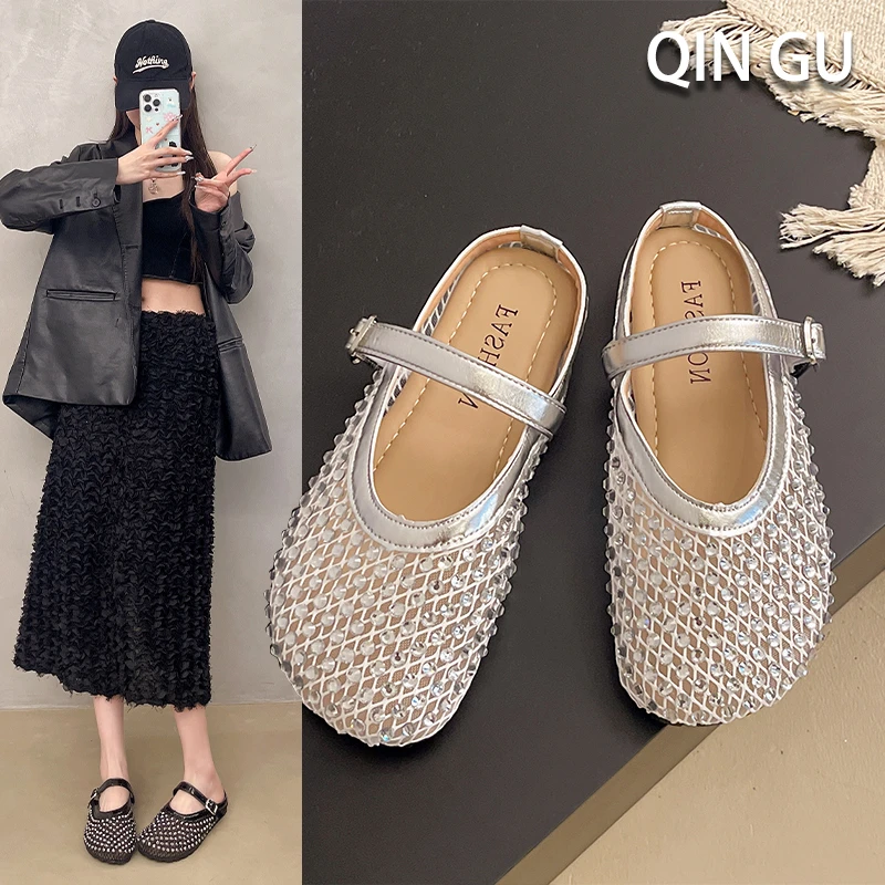 【限量款】法式水钻网面镂空包头半拖鞋女夏季外穿2025新款配裙子