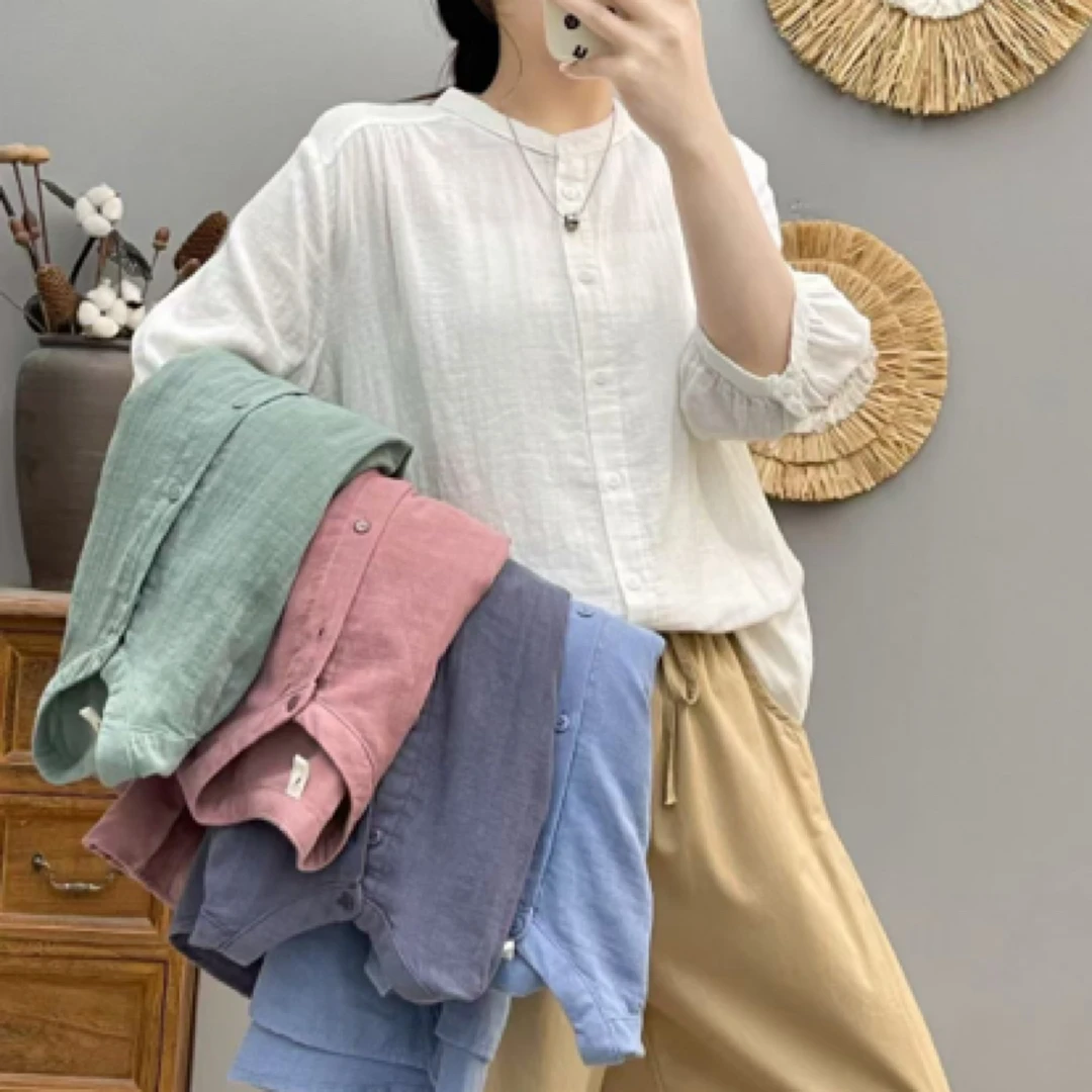 双层棉纱七分袖小立领衬衫女夏吸湿透气软糯亲肤纯棉婴儿棉上衣