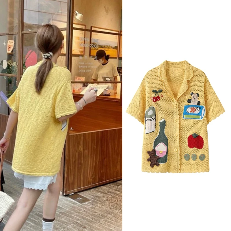 新款时尚趣味刺绣圆领宽松显瘦短袖针织衫休闲百搭上衣 【8135】