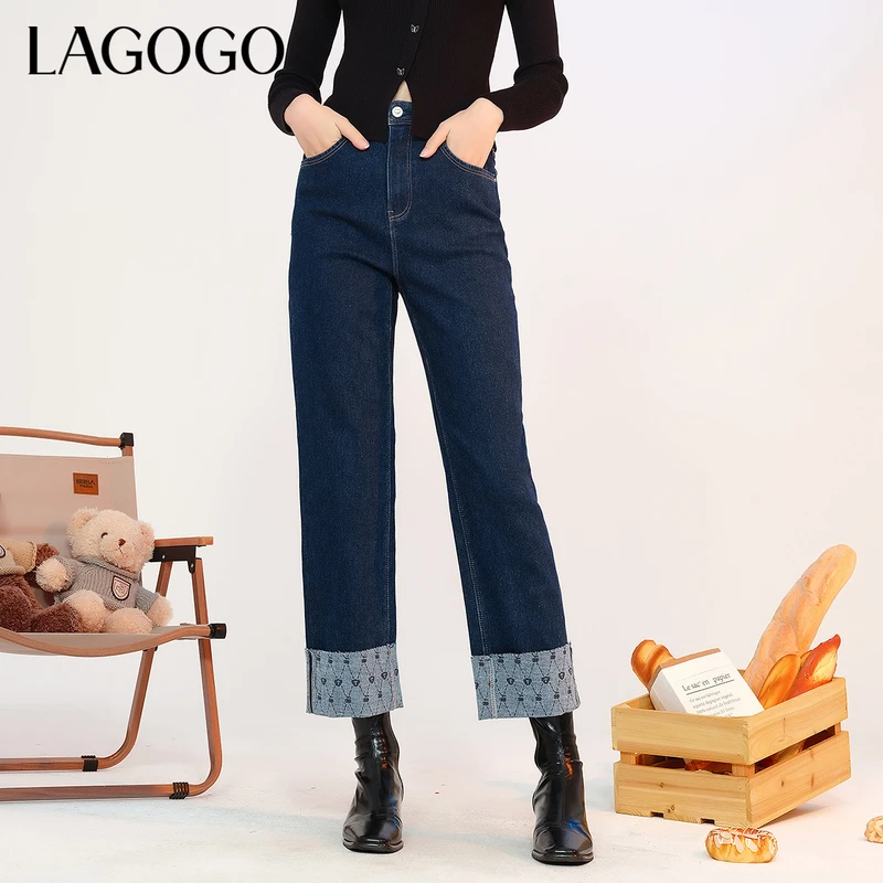 lagogo新款可爱泰迪熊翻边弹力牛仔裤女MCNN539C93