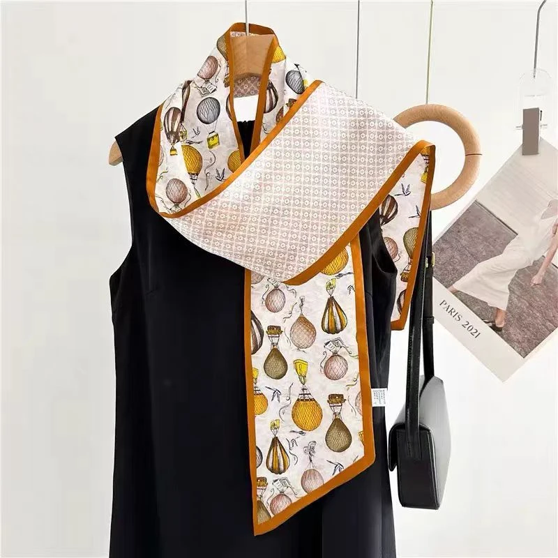 热气球图案桑蚕丝飘带双层设计春夏长条丝巾围巾150CM*16CM