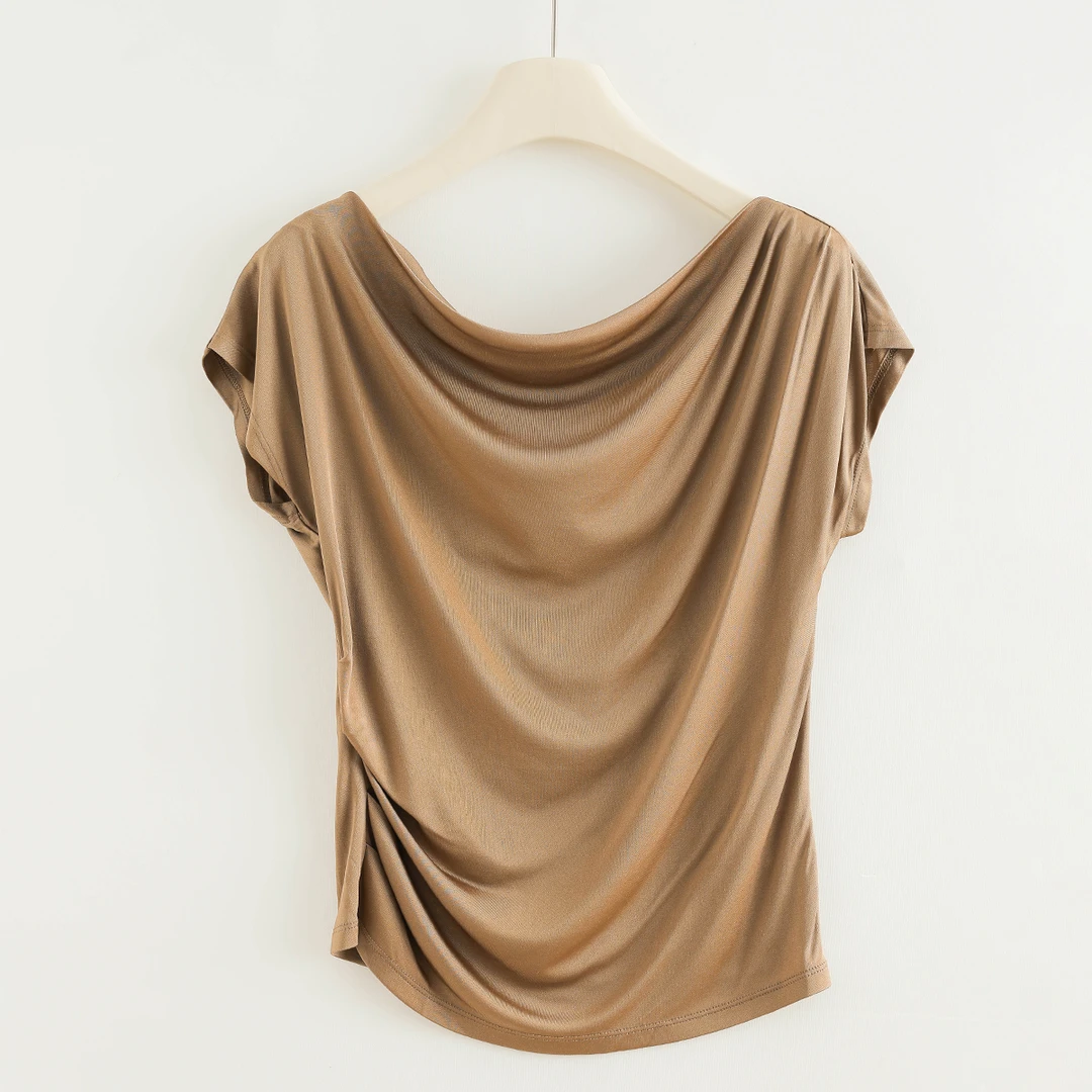 55965 设计感小众荡领短袖t恤女夏季薄款修身显瘦体恤短款上衣