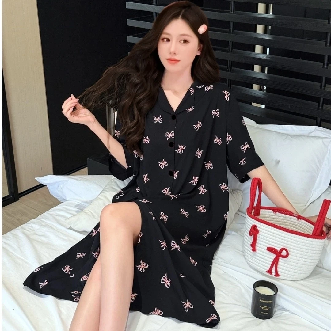 【翻领睡裙】夏季薄款睡衣韩版加大码女款家居服透气宽松睡裙-gg