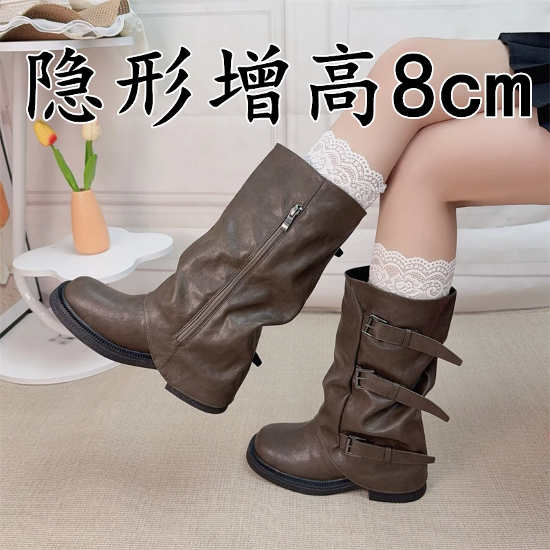 厚底西部牛仔靴女2025春秋新款复古内增高百搭瘦瘦靴皮带扣骑士靴