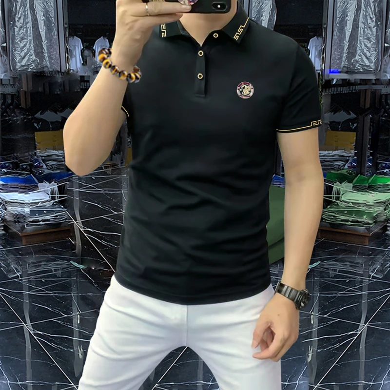霍科比特夏季短袖Polo衫印花免烫翻领修身t恤商务休闲冰丝半袖男