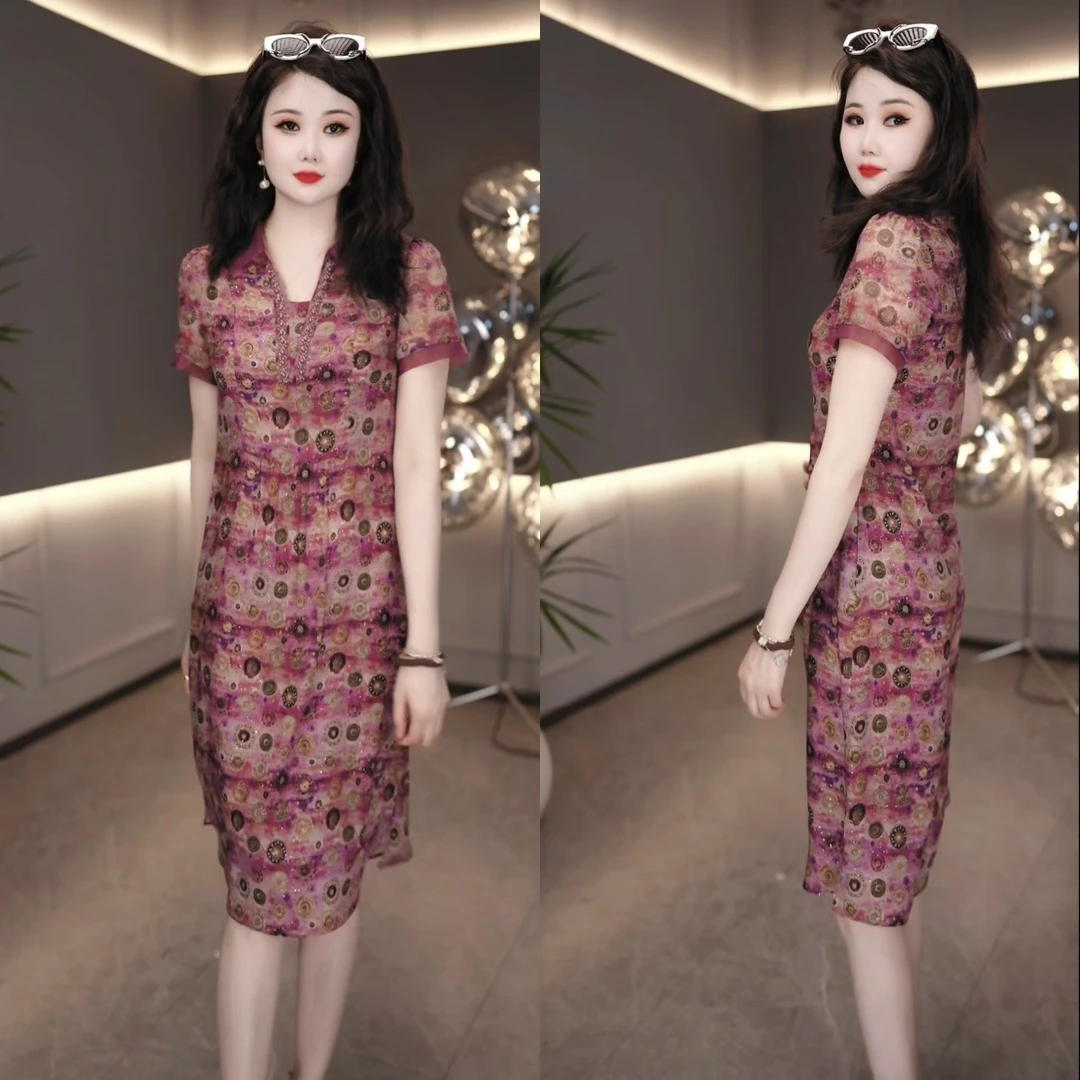 2025夏季女款减龄显瘦气质时尚印花洋气中长款连衣裙M-4XL