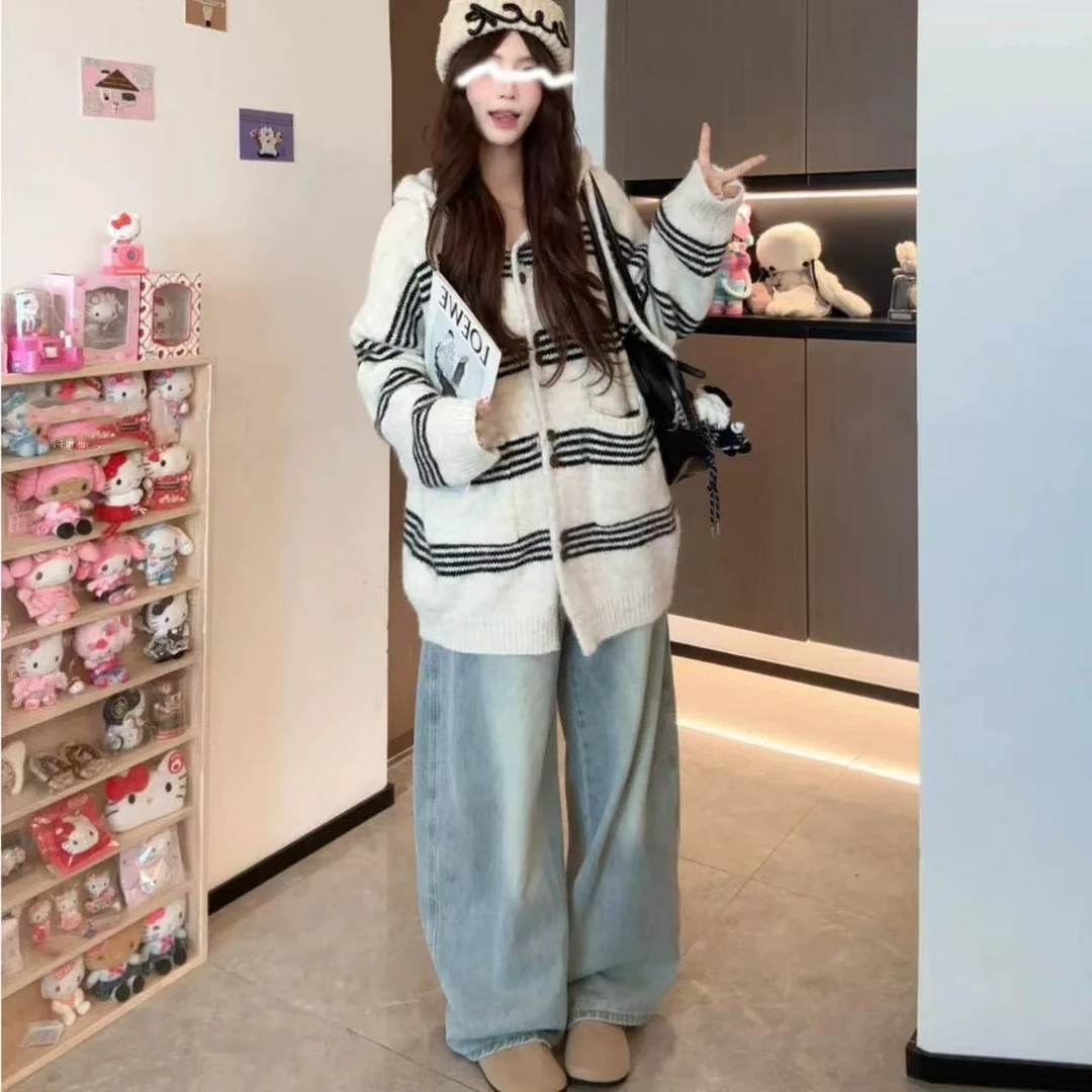 撞色条纹连帽宽松针织开衫女士秋冬新款毛衣外套上衣慵懒风休闲女