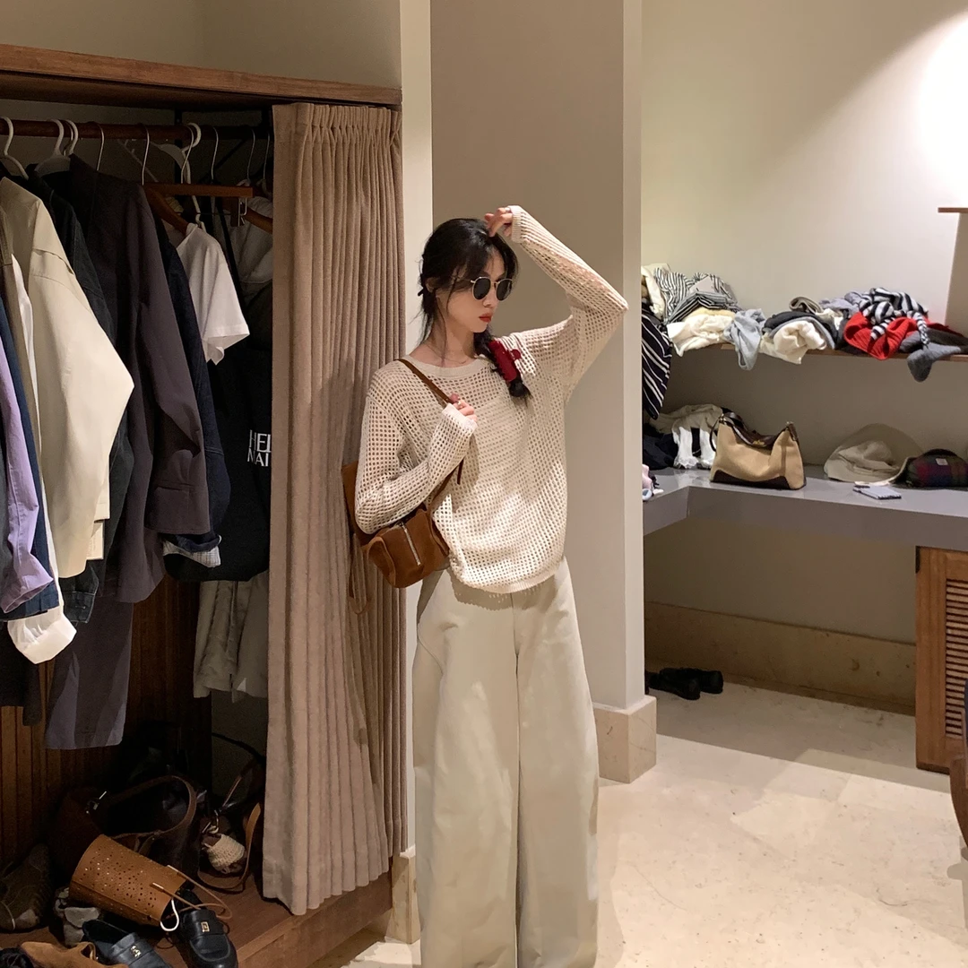 米色圆领宽松镂空针织衫吊带两件套女2025秋季新款休闲上衣