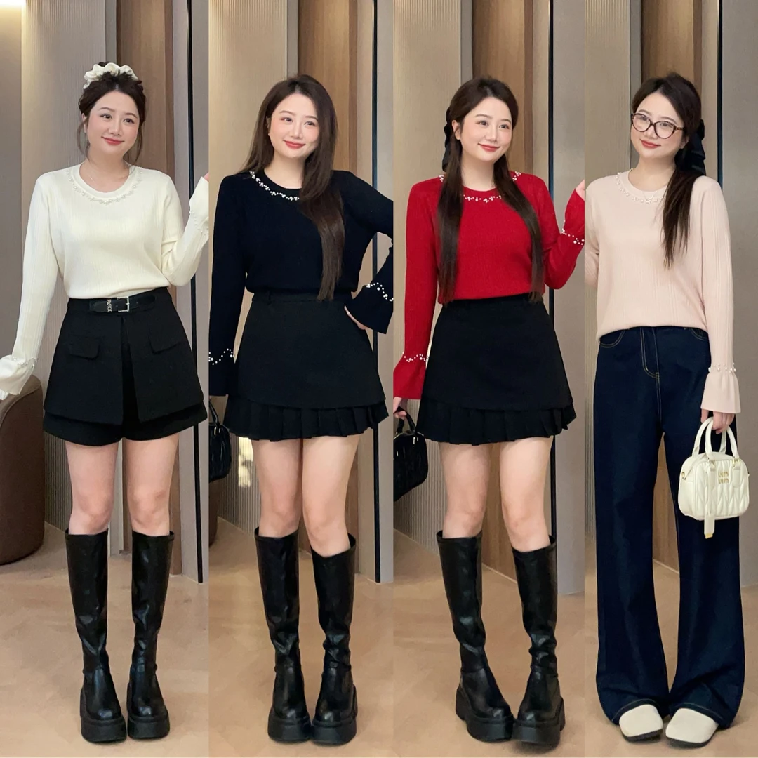 大萌萌秋冬气质百搭珍珠喇叭袖打底针织衫微胖显瘦内搭毛呢百褶裙