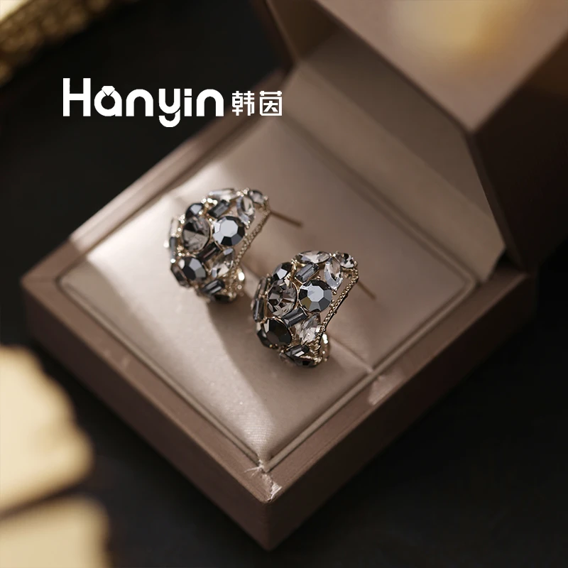 铜合金合成锆石耳饰 925银针韩版气质超闪水滴圆形镂空贪吃豆耳钉