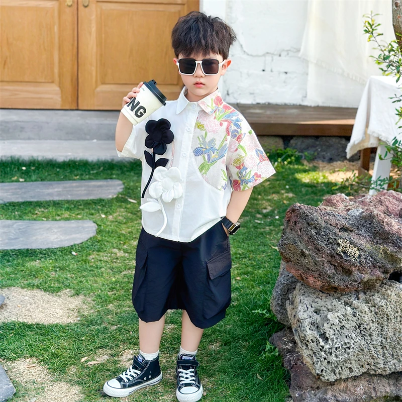 夏季男童套装痞帅儿童短袖衬衫短裤夏装2025新款男孩衬衣两件套潮