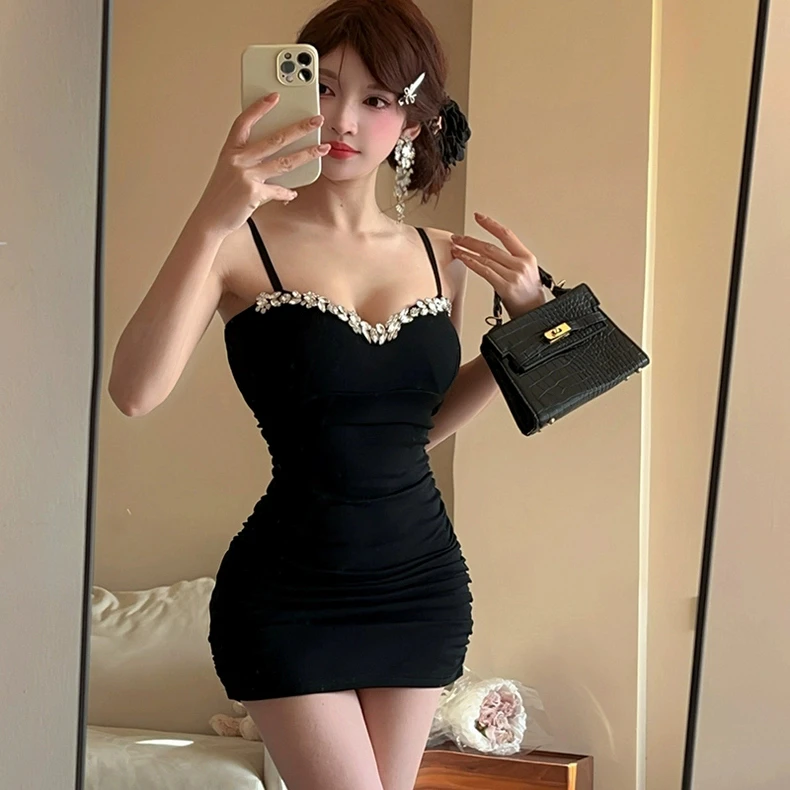 名媛气质辣妹性感重工镶钻气质收腰露背显瘦短款包臀吊带连衣裙女