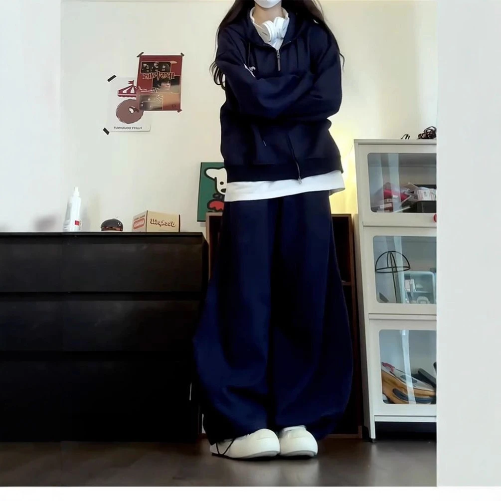 秋冬藏青色休闲套装女款连帽拉链卫衣韩系宽松2025早秋女装一整套