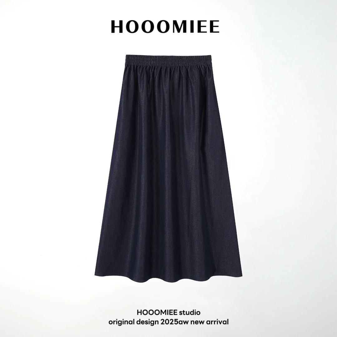 Hooomiee简约风纯色半身裙松紧腰休闲A字女士中长裙LG033