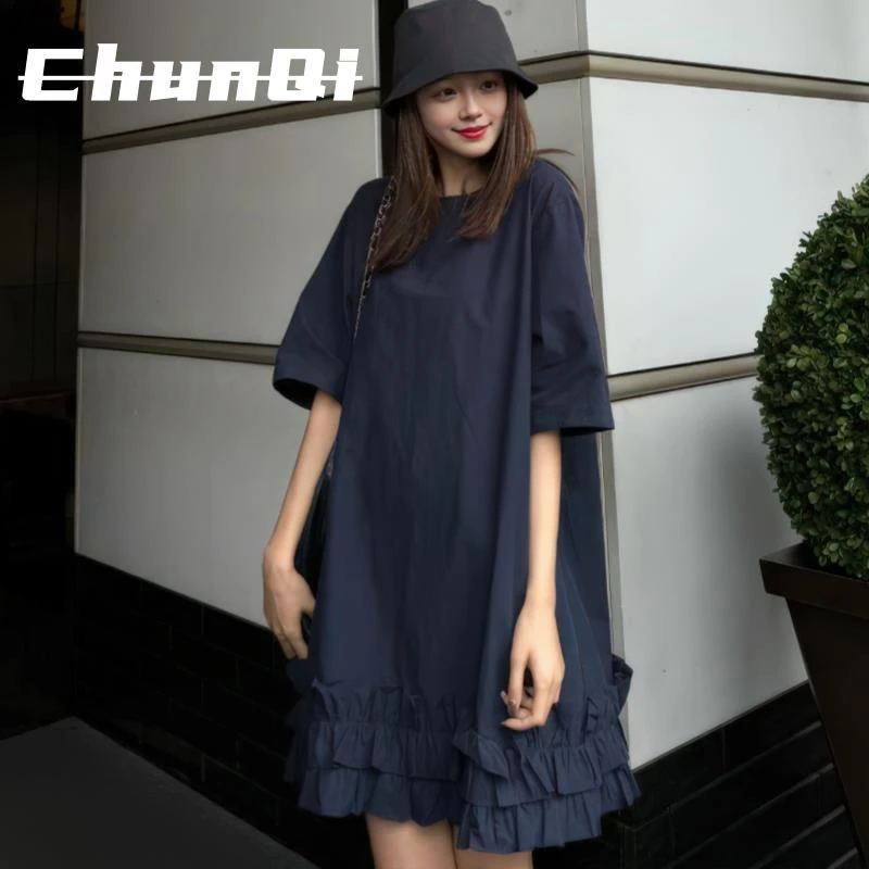 淳启韩系休闲风纯色短袖连衣裙女夏新款大码胖MM百搭洋气减龄短裙