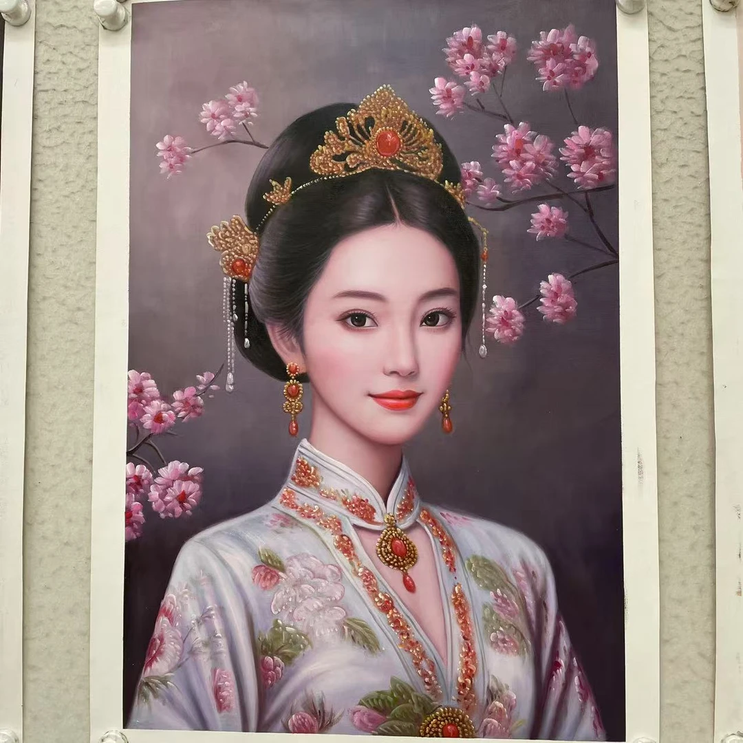 林彦新 ***中国新娘 -旗袍-粉花在册 -约60*90厘米-手绘油画-麻布