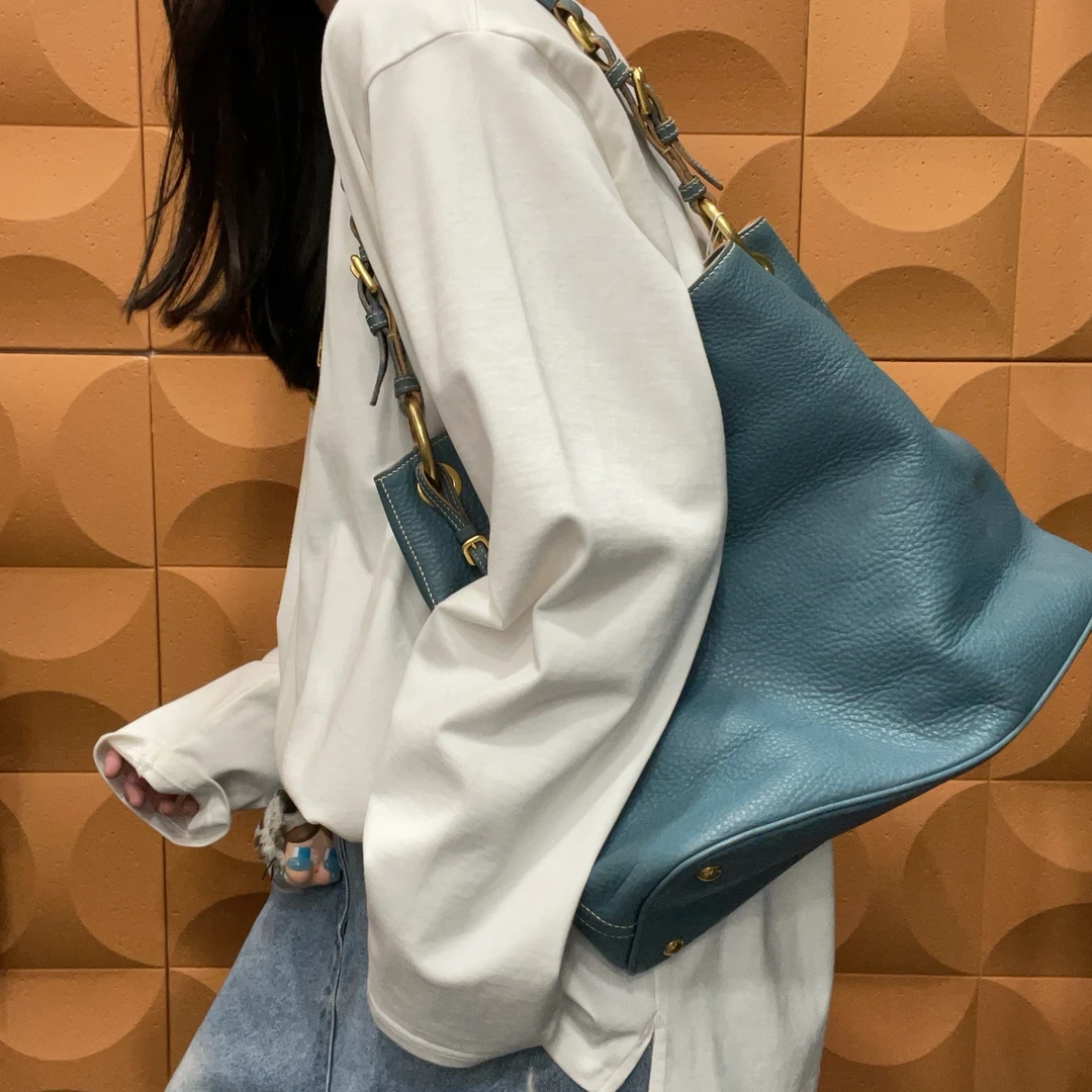 95新 Prada/普拉达 【KK】 00 0330 迷雾蓝荔枝纹托特单肩包