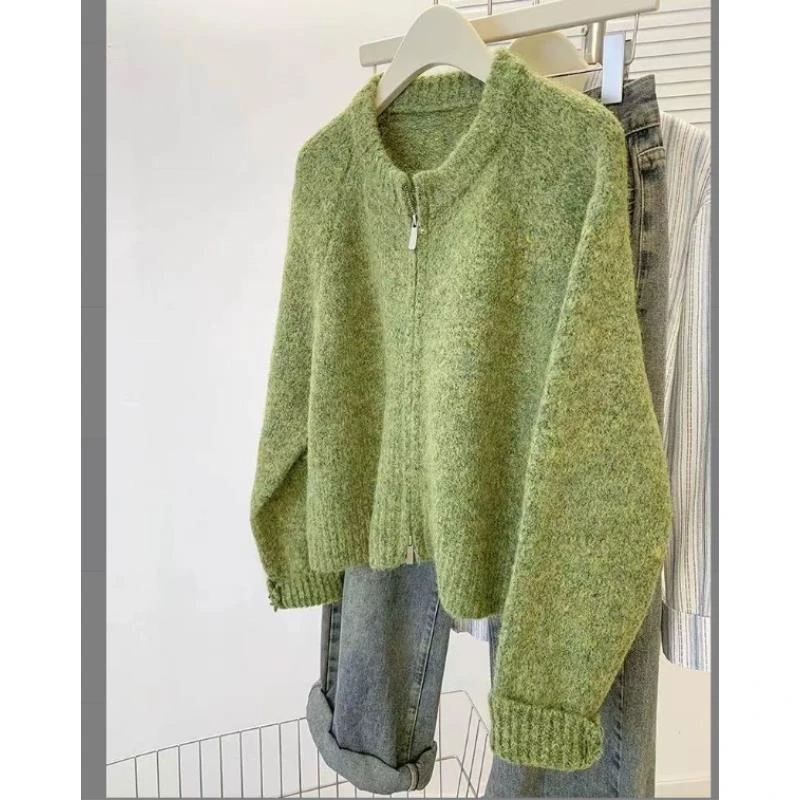 绿色毛衣外套2025新款秋冬韩系独特超好看慵懒风宽松针织开衫