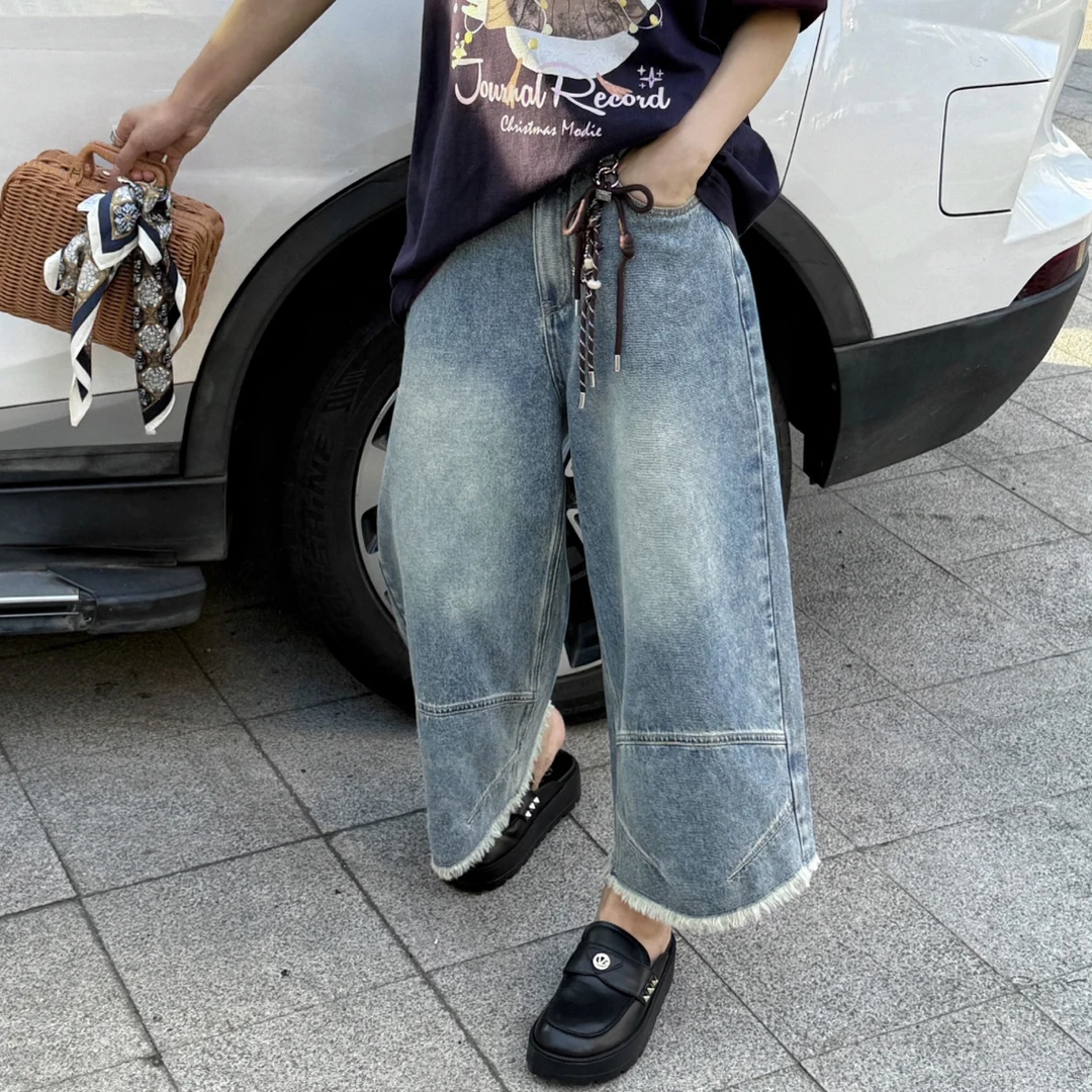 JR25秋冬新款立体剪裁全棉七分裤毛须边直筒阔腿裤腰带配饰牛仔裤