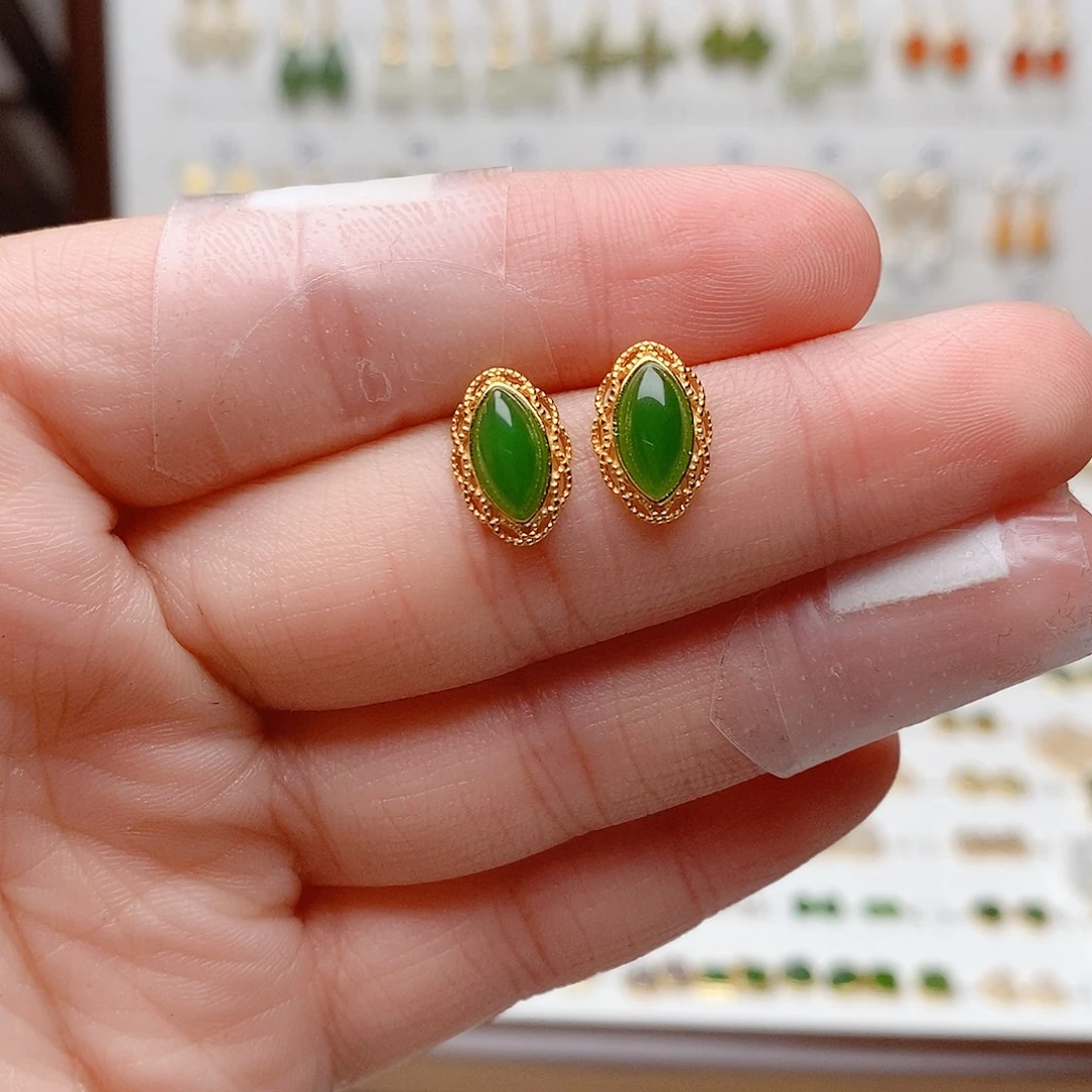 和田玉银S925镶嵌耳饰