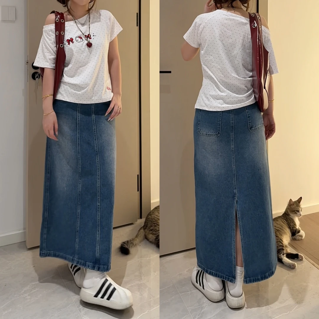 高腰显瘦牛仔半身裙女2025夏季新款后开叉宽松休闲百搭A字中长裙