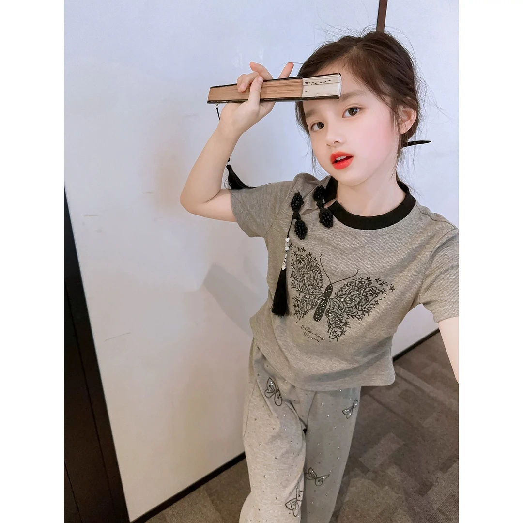 426哈哈家 夏季女童高品质重工新中式国风休闲短袖裤子两件套套装