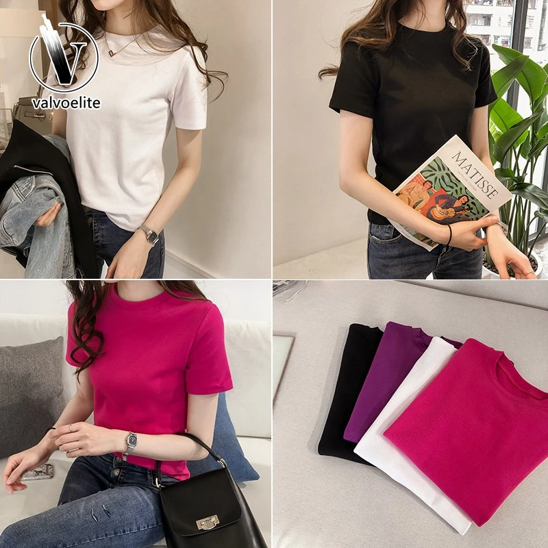VALVOELITE夏新款韩版圆领套头纯色t恤女短袖修身显韩版纯色显瘦