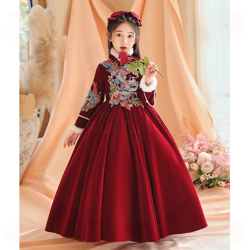 女童礼服春季加棉加厚长袖主持人儿童高端婚礼花童钢琴演奏演出服