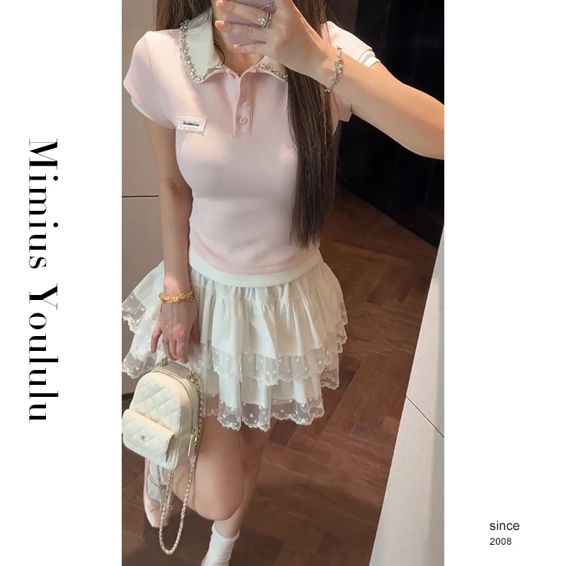 【mimius】P 重工手工缝制水钻Polo领减龄假两件T恤 G04491