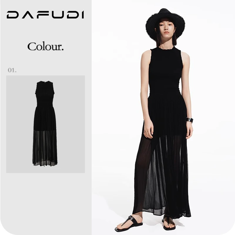 【摩家订单】连衣裙春夏法式司马克褶高腰通透开叉雪纺长裙Z5626