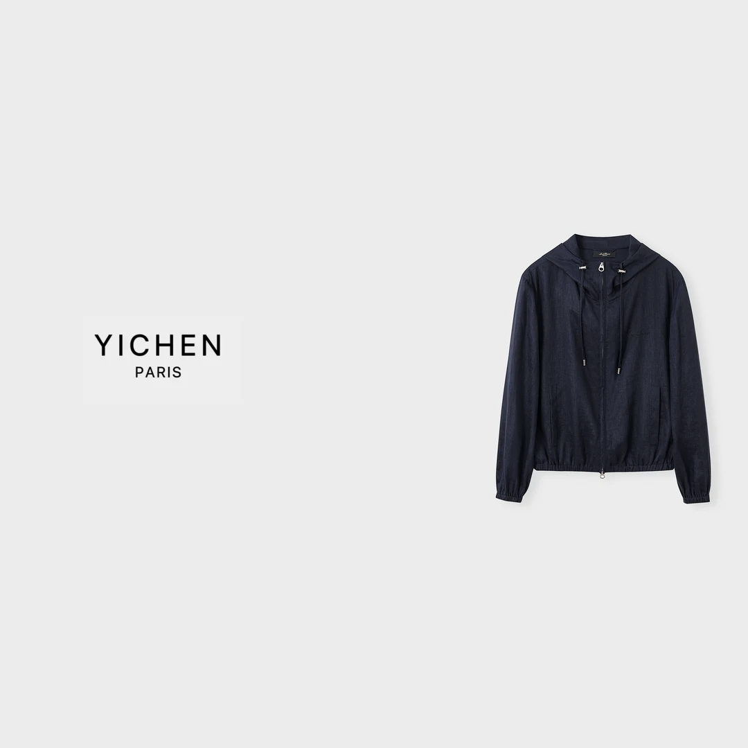 YC 藏蓝色 L P 老钱风抽绳连帽亚麻外套-5197