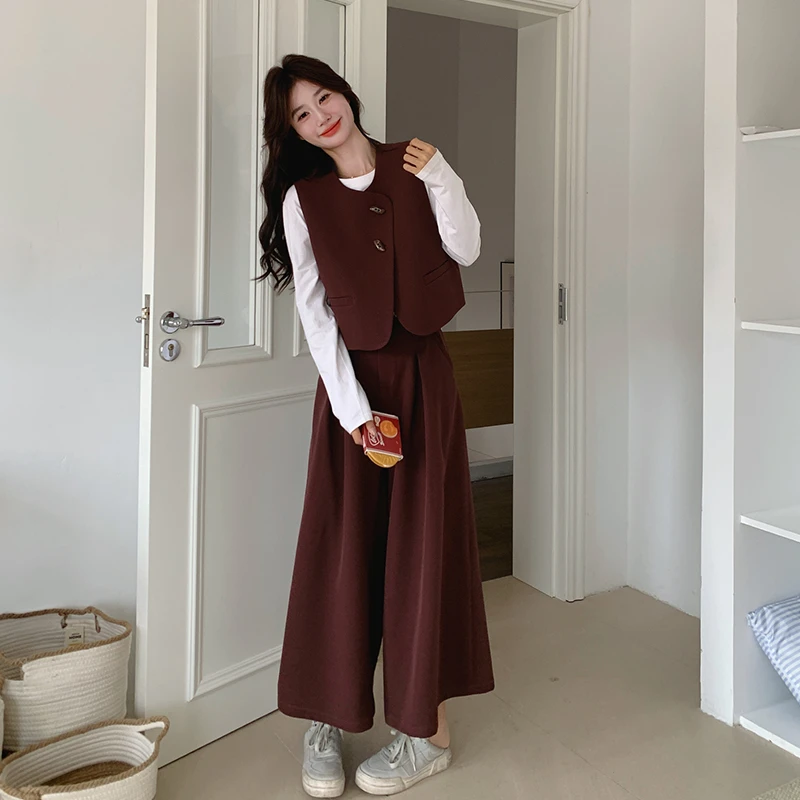 酒红色盐系轻熟两件套装2025春新款高级感气质西装马甲阔腿裤套装