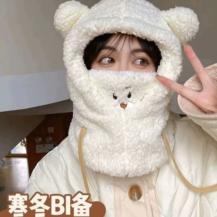 新款可爱小熊口罩一体帽子女秋冬韩板骑车防风帽子保暖围脖护耳帽