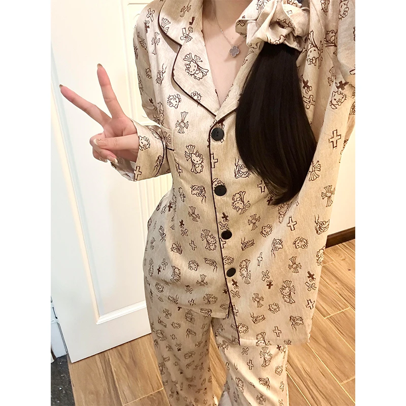 韩版Kitty印花德绒睡衣女款春秋新款休闲开衫大码外穿家居服套装