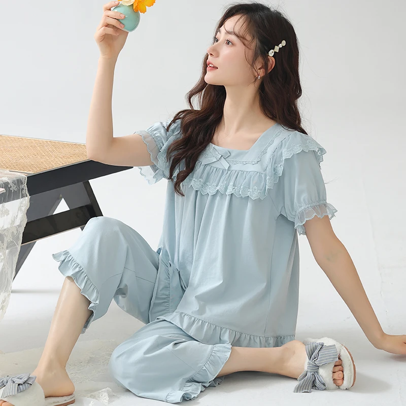 套头睡衣女夏季新款薄款纯棉短袖女士夏天大码宽松甜美家居服套装