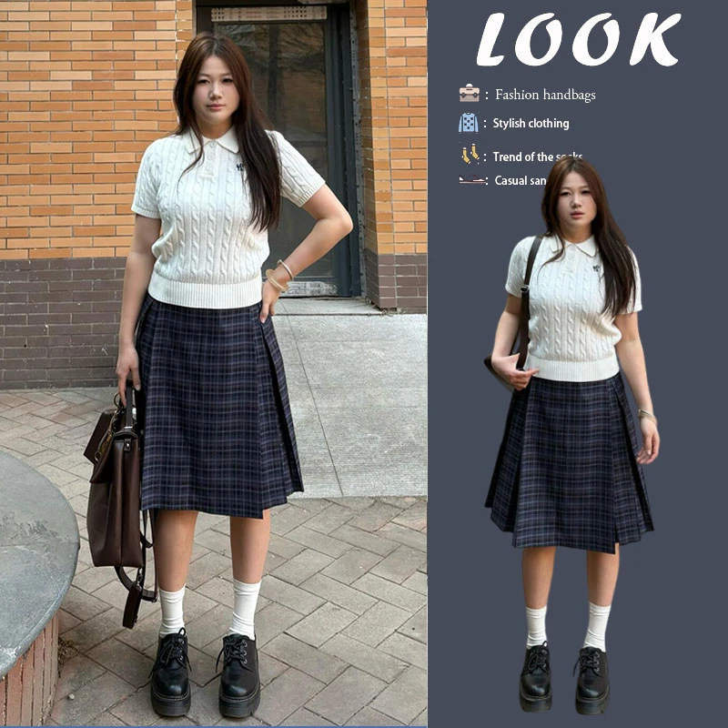 夏季穿搭一整套2025新款韩版显瘦短袖T恤百搭格子半身裙两件套装