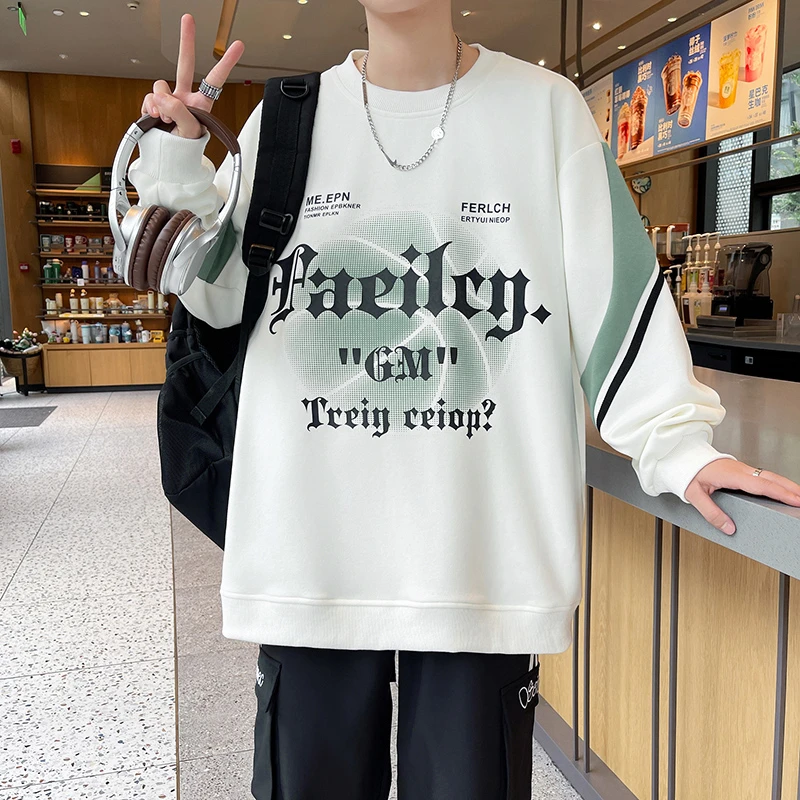 2025新款青少年印花长袖圆领秋季春秋拼色卫衣男百搭港风通勤风